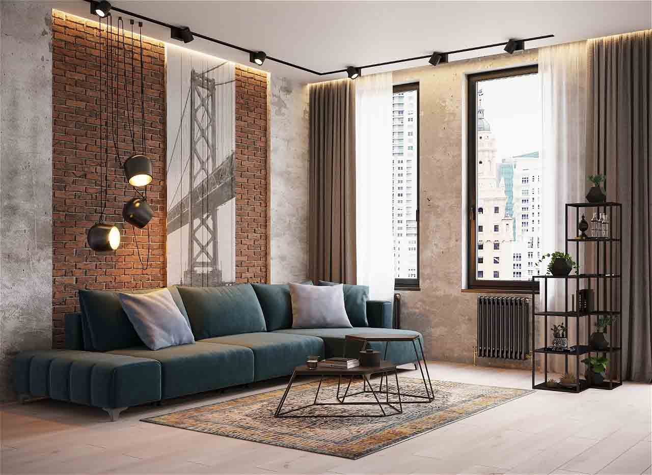 Большой диван MOON 161  – изюминка этой комнаты в стиле лофт.